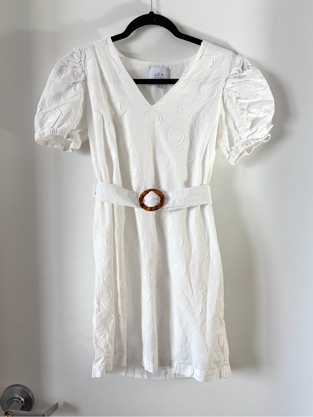 J.O.A. Ivory white cotton V-Neck Puff Sleeve Mini Dress with Buckle Belt